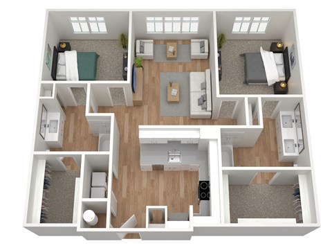 Floor plan for 2 beds, 2 baths, 1249 sqft
